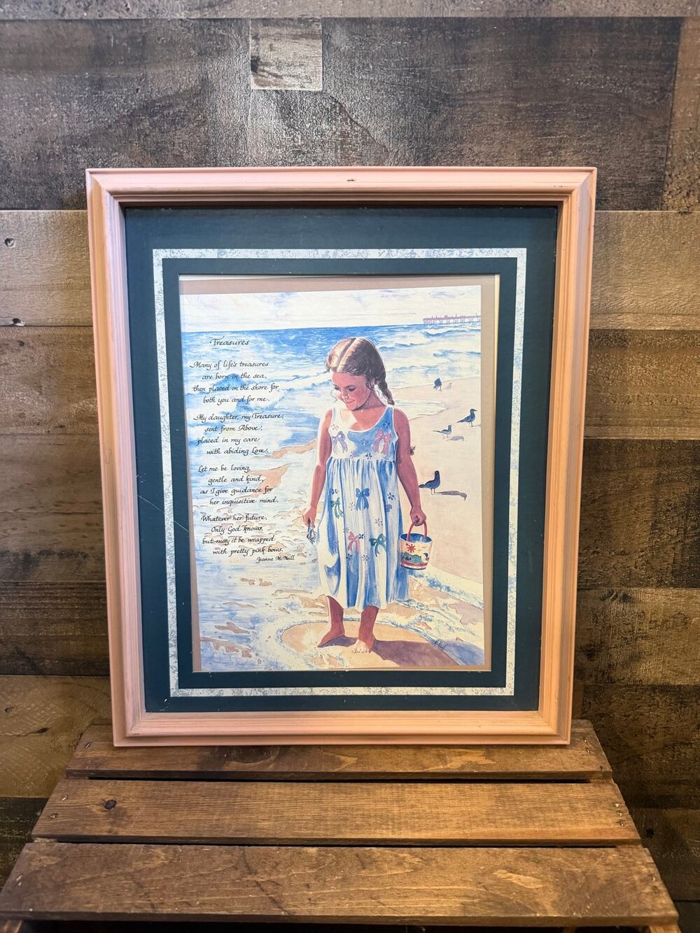 Joanne McNeill Treasures Framed Art Print/Poem-Beach/ Seagulls -Pink Frame 15x18